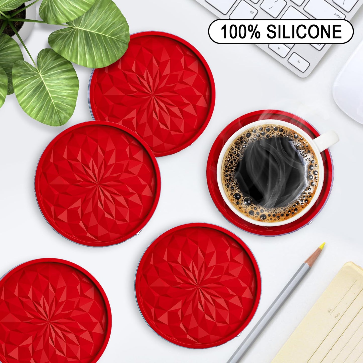 ME.FAN Silicone Coasters with Holder,[6 Pack] Drinking Coasters - Cup Mat for Hot or Cold Drinks, Thickened, Non-Slip, Non-stick,Deep Tray Red