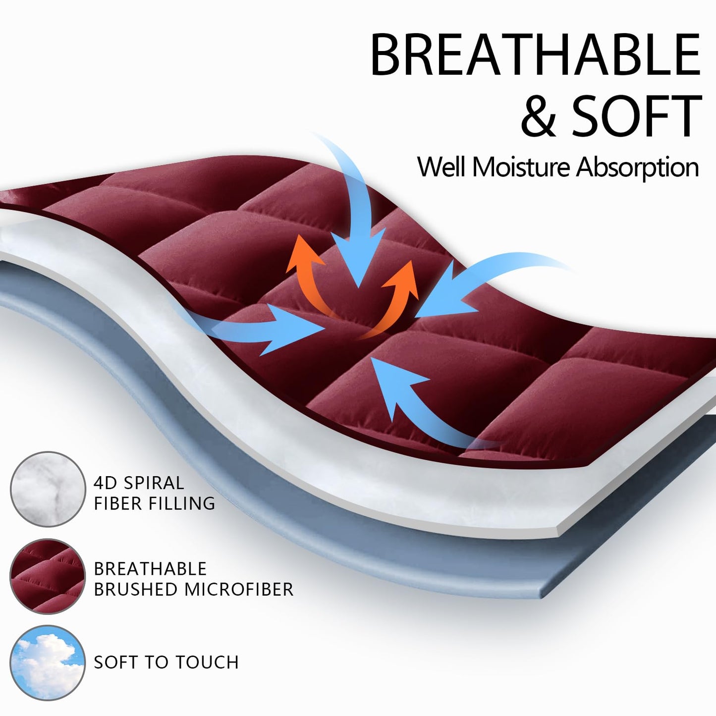 Full Mattress Pad Quilted Fitted Mattress Cover Pillow Top Mattress Topper Breathable Mattress Protector with 8-21 Inch Deep Pocket,Burgandy