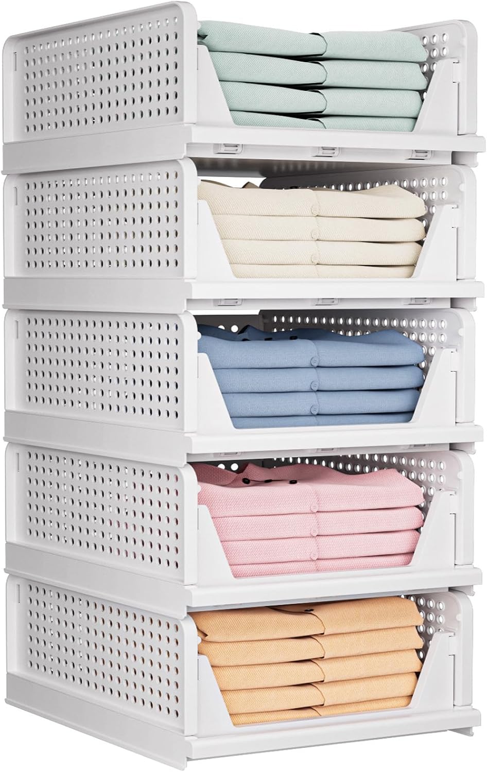 Skiennix 5 Pack Folding Closet Organizers - Stackable Plastic Storage Bins for Home & Office | White 5L
