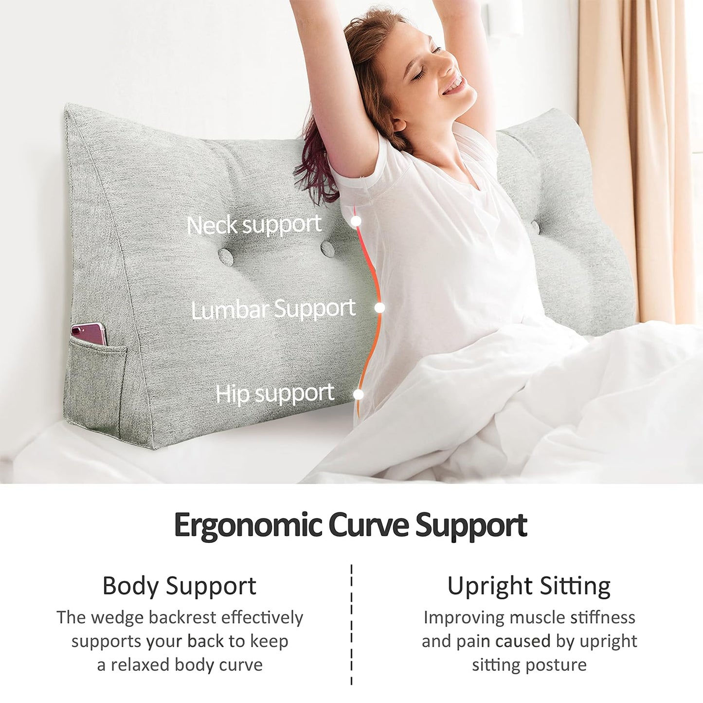 YXCSELL Small Wedge Pillow Headboard Reading Pillow for Sitting Up in Bed Adult Backrest Triangle Bolster Pillow for Couch Daybed Cushion Lumbar Body Support Leg Positioning（Gray, Small）