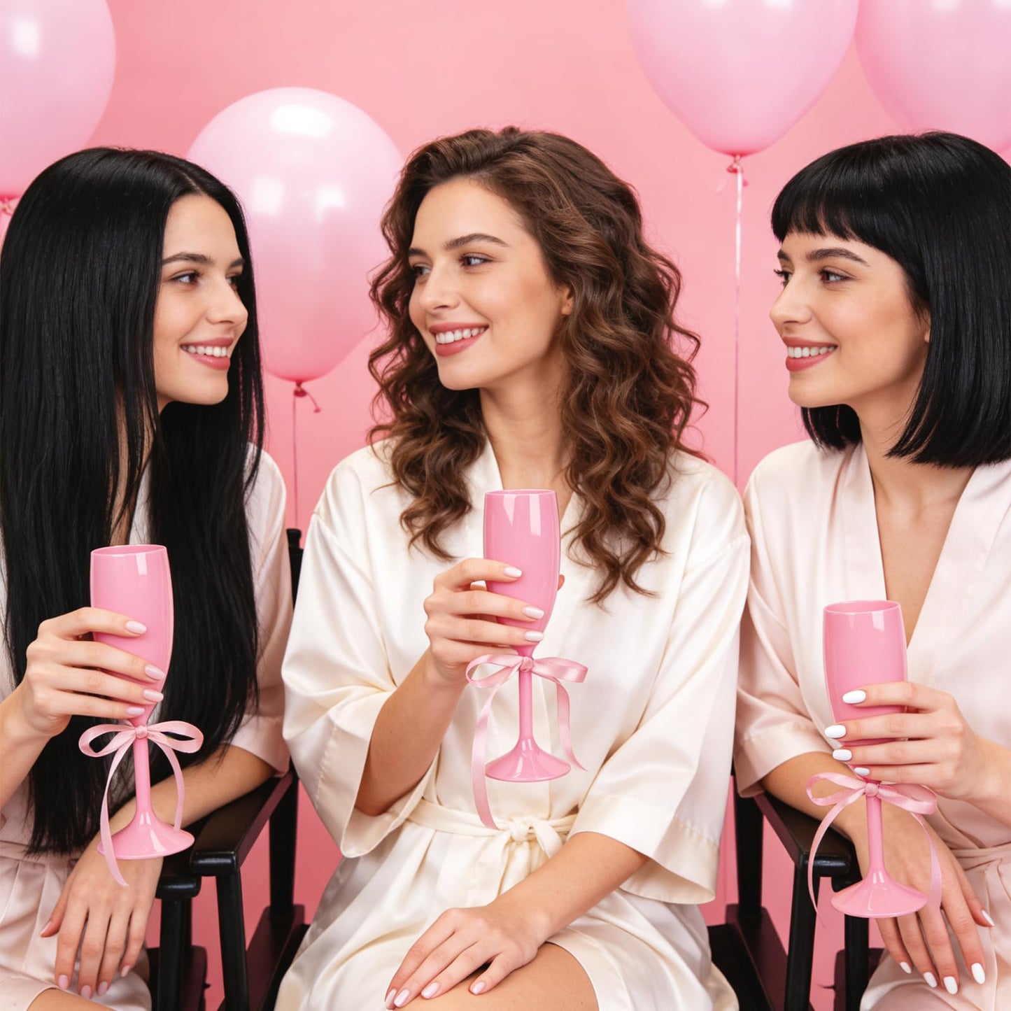 KUK 10 Pack Plastic Pink Champagne Flutes Acrylic Champagne Glasses Wedding Toasting Goblet with Satin Ribbon Nano Tape Reusable Unbreakable Champagne Cups for Bachelorette Bridal Shower Party