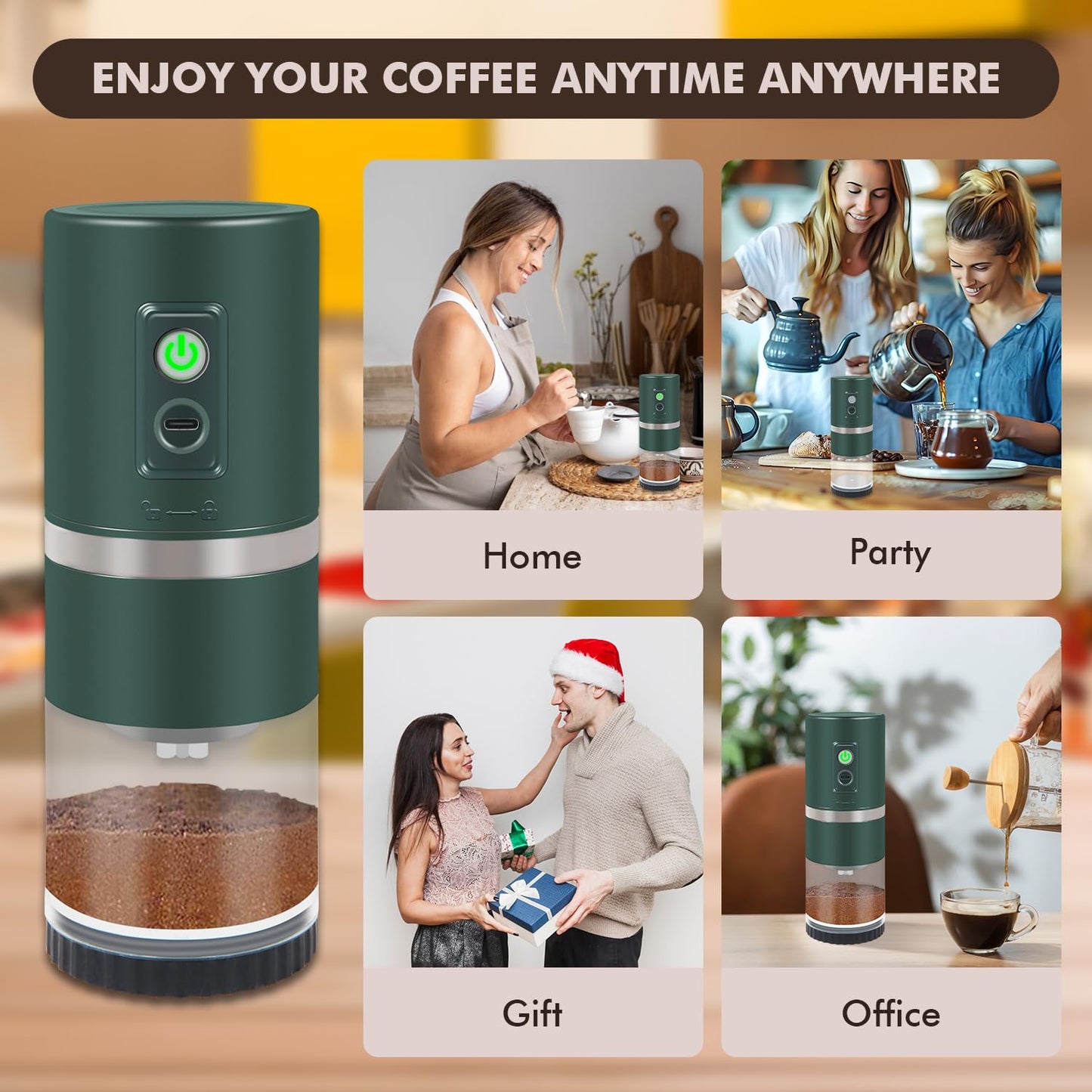 Portable Electric Coffee Grinder Stainless Steel Conical Burr Coffee Grinder with 45 Adjustable Settings Rechargeable Coffee Bean Grinder for Home, Travel, Camping, Office-Dark Green
