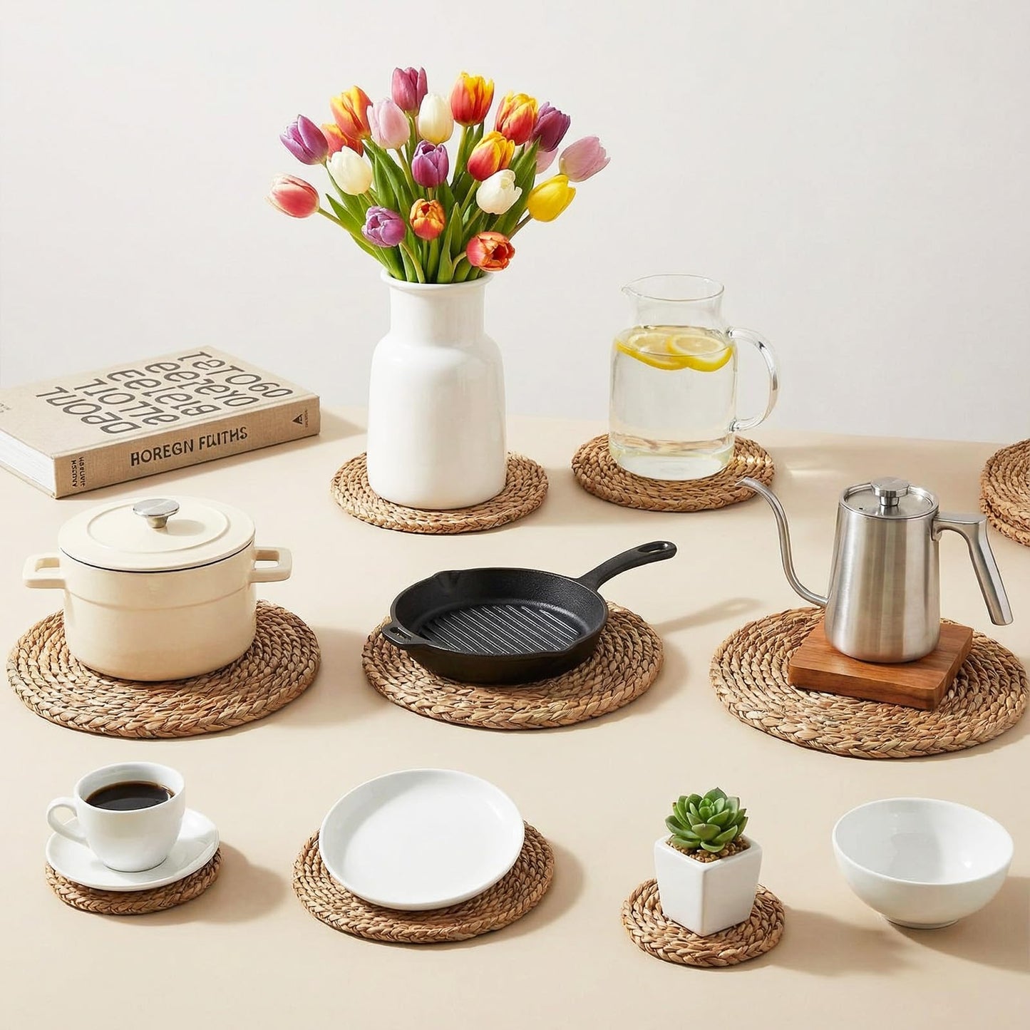 12 Pcs Round Straw Woven Coasters and Trivets Set, 4" Absorbent Drink Coasters, 7" 10" Heat Resistant Trivets for Hot Dishes Boho Farmhouse Table Mat for Bowl, Pan, Kitchen Dining Decor Party Supplies