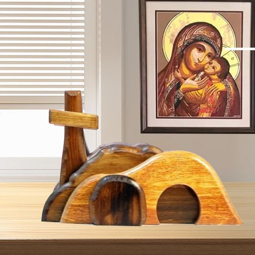EGZ Empty Tomb Easter Scene and Cross Decoration, Wooden Easter Jesus Resurrection Scene Cross and Tomb Tray Set, Suitable for Religious Home and Office Desk Display, Christian Gift.