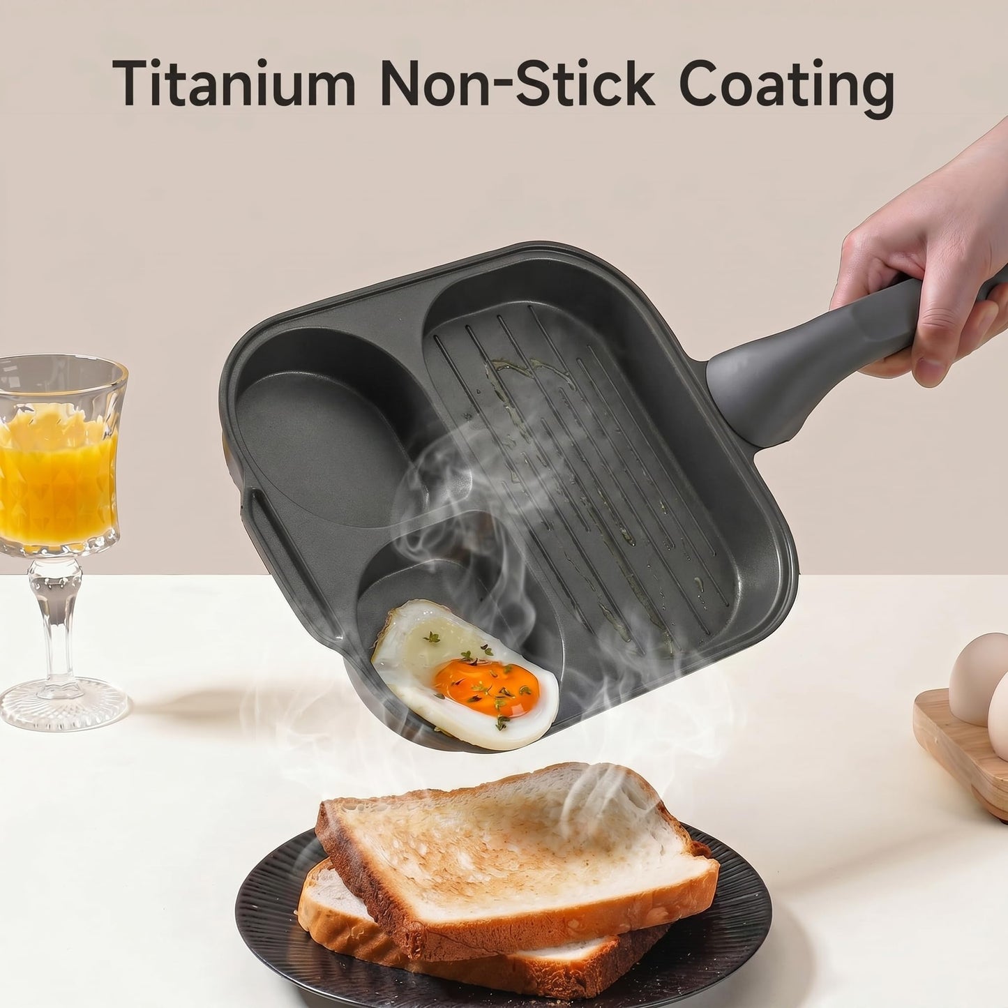 JEETEE Divided Egg Pan & Omelette Pan, 3-in-1 Breakfast Pan with Titanium Nonstick Coating, PFOA/PFOS/PTFE Free, Induction Compatible