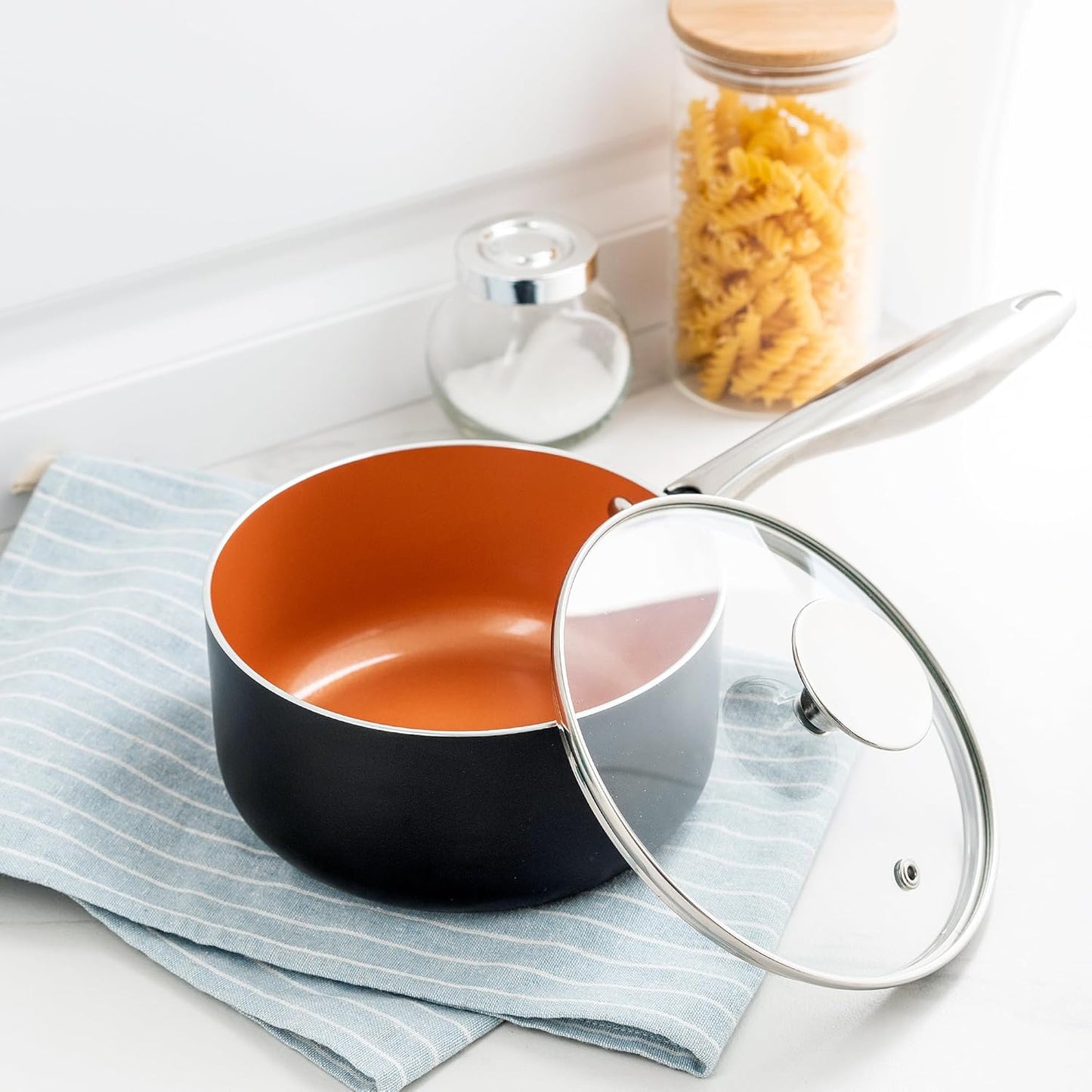 Michelangelo 1 Quart Nonstick Ceramic Saucepan with Lid - Ultra Durable Copper Finish