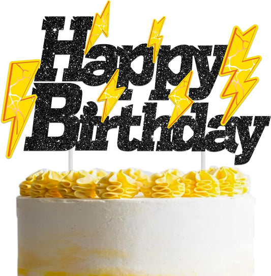 Skiennix Glitter Black Lightning Bolt Cake Toppers - Fun Birthday Party Decorations for Kids
