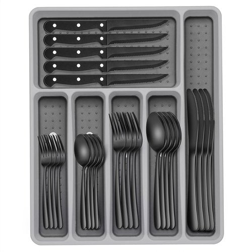 49-Piece Black Silverware Set with Organizer, Heavy Duty Stainless Steel Flatware for 8, Cutlery Utensil Sets with Steak Knives, Rust-proof, Mirror Polished, Dishwasher Safe, Black Heavy Duty