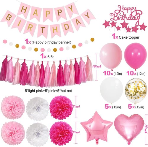Happy Birthday Party Decorations Kit by Pink Red | Complete Set with Banner, Balloons, Pompoms & More