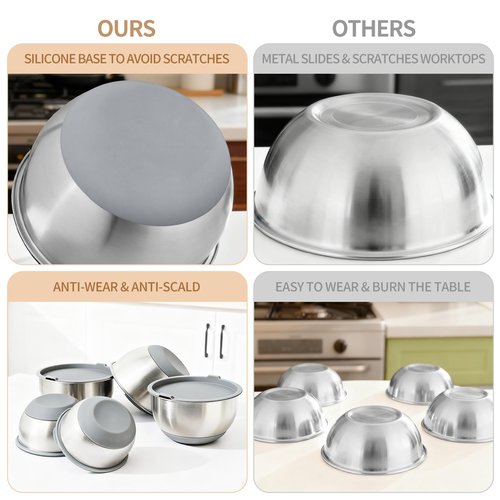 Deedro Premium Mixing Bowls with Airtight Lids Set, 22Pcs Thicker Stainless Steel Mixing Bowl Set, Large Prep Metal Bowls, Non-Slip Silicone Base Nesting Bowls for Kitchen, 1.5/2/3/4/5 QT, Gray