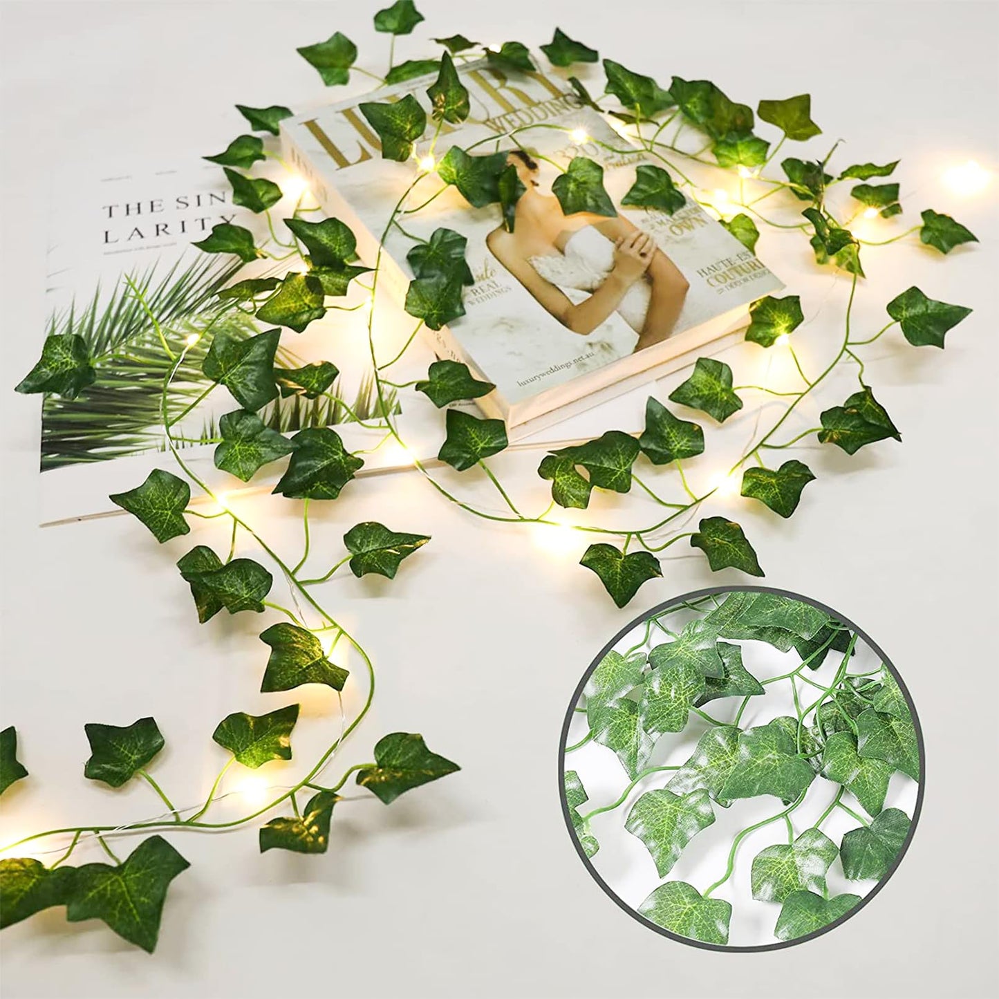 NWLIGHT Vine with Fairy Lights, 2 Pack 40LEDs Vine Lights Green Ivy Vines String Lights Battery Operated, Artifical Garland Leaf with Fairy Light for Bedroom Dorm Wall Decor