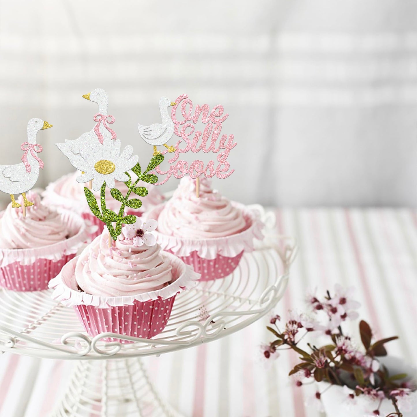 Rsstarxi 24 Pack One Silly Goose Cupcake Toppers One Silly Goose Birthday Decorations Pink Silly Goose 1st Birthday Cupcake Pick for Baby Shower Boys Girls First Birthday Party Cake Decorations