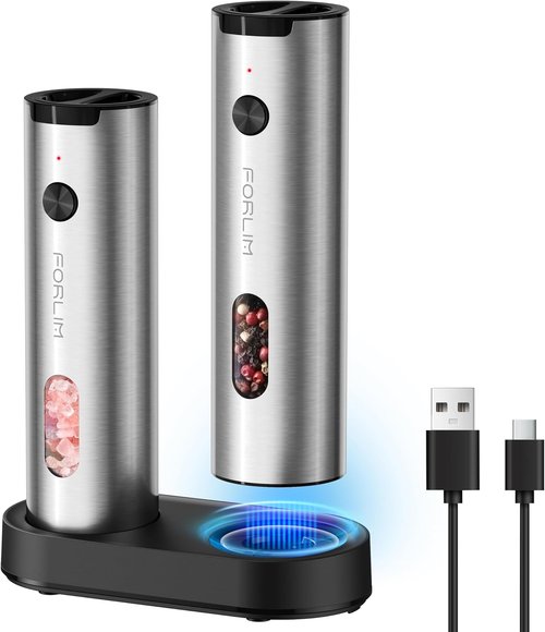 FORLIM Electric Salt and Pepper Grinder Set - Rechargeable with Adjustable Coarseness & LED Light | Automatic Refillable Shakers