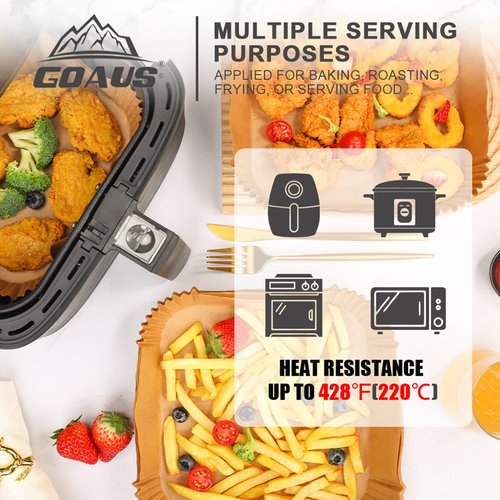 GOAUS Air Fryer Square Paper Liners Disposable Large 150 Pcs for 5 to 8 Qt Basket, 7.9 inch Unbleached Non-stick Oil-proof Parchment Paper