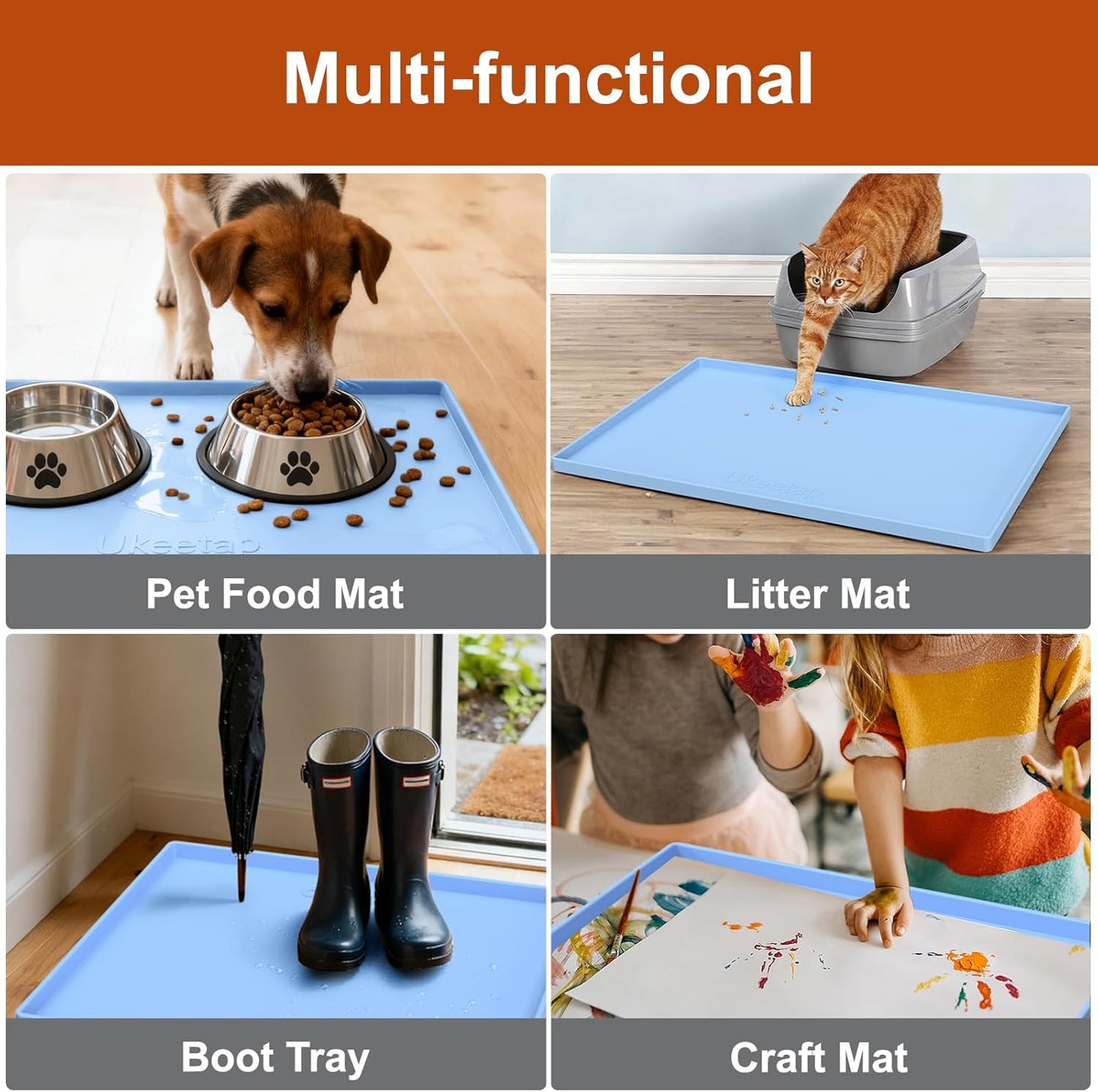 Ukeetap Extra Thick Waterproof Silicone Mat - Raised Edge Design, 34" x 22", Blue | Ideal Under Sink & Cabinet Liner