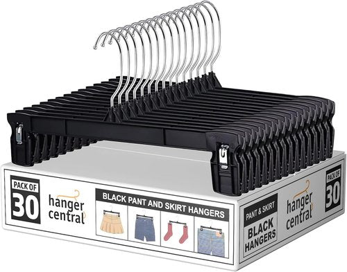 Hanger Central 30 Pack Pants Hangers - Heavy Duty Slim Plastic Clips for Skirts & Pants | Black