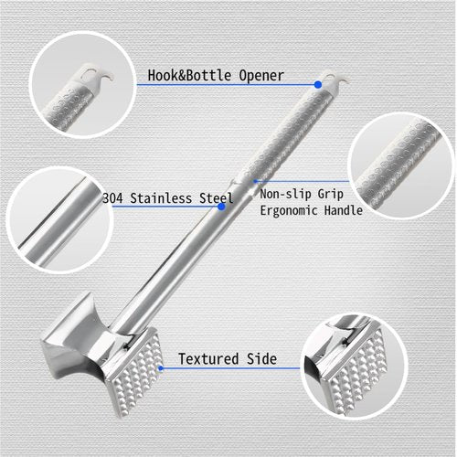304 Stainless Steel Meat Tenderizer Mallet, Heavy Duty Dual-Sided Meat Hammer with Ergonomic Non-Slip Handle, Dishwasher Safe Kitchen Tool for Tenderizing Steak, Beef, Chicken & Pork