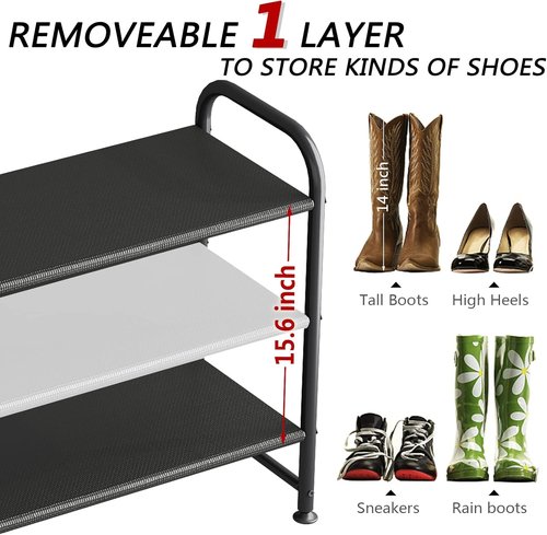 INGIORDAR Shoe Rack - 3-Tier Metal Organizer for Entryway & Closet - Wide Black Storage Solution