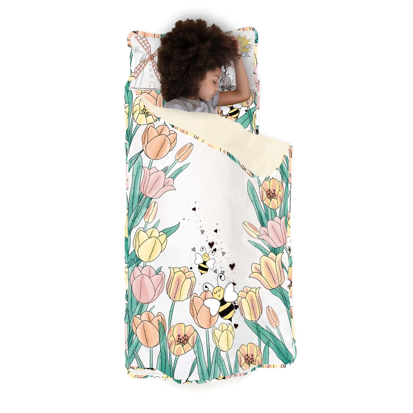 JumpOff Jo Extra Long Nap Mat for Kids - Cozy Kids Rest Mat with Removable Pillow and Ultra Soft Blanket for Preschool, Daycare, and Sleepovers - Tulip Fields