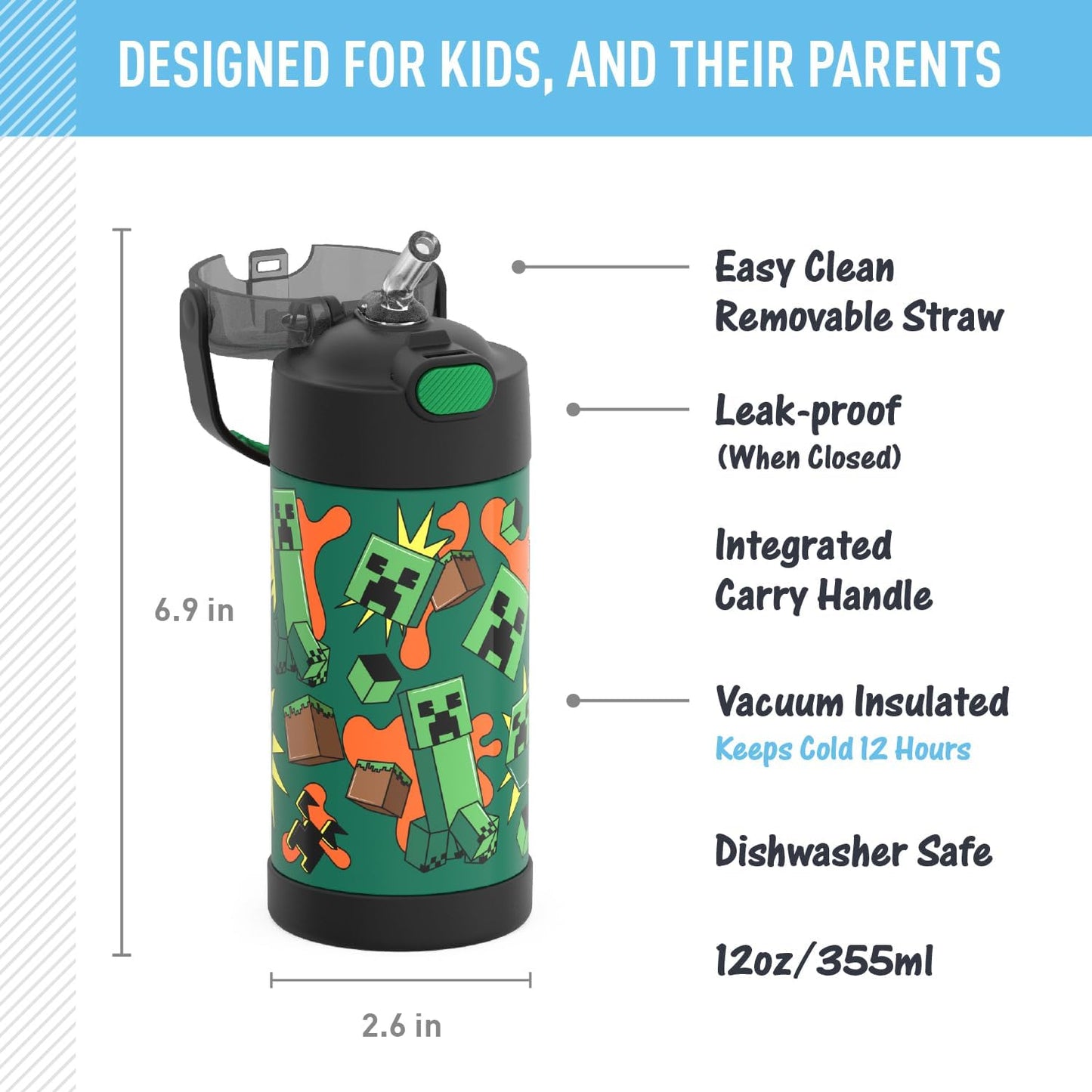 THERMOS FUNTAINER Water Bottle - 12 Ounce Stainless Steel Vacuum Insulated Kids Bottle | Minecraft Design