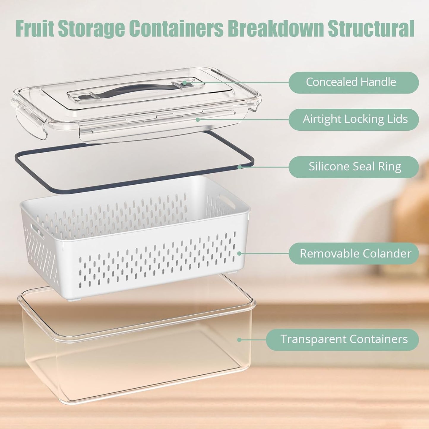 Skiennix Fruit Storage Containers - 5 Pcs Airtight Fridge Organizers with Removable Colander & Handle Lid
