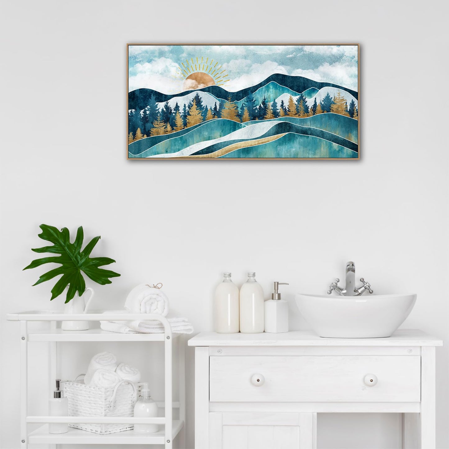 Abstract Mountain Forest Wall Art - Mid-Century Modern Wall Prints,Boho Wall Decor Sun Nature Canvas Artwork Nordic Landscape Painting for Living Room Bathroom Bedroom Office Home Decor 20" x 40"