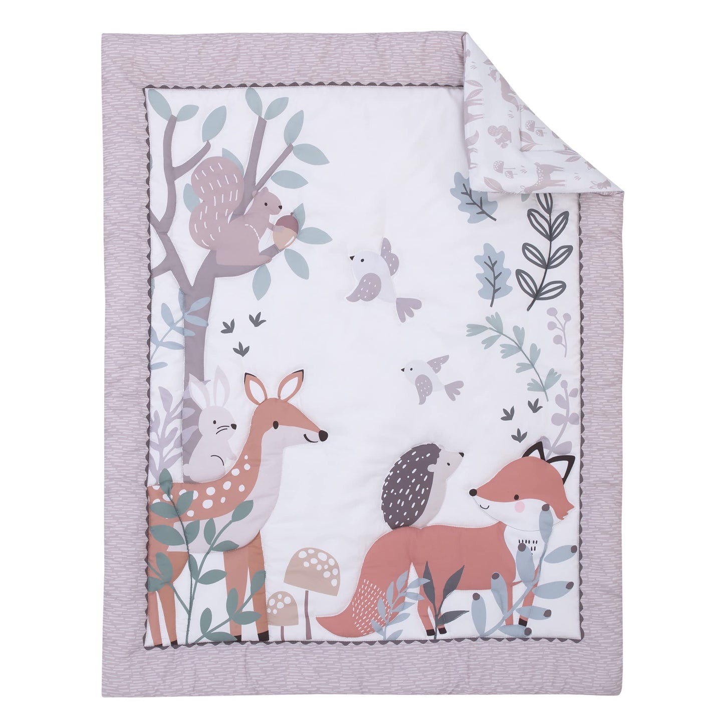 NoJo Little Love Woodland Meadow Taupe, Sage and White, Fox, Deer, and Hedgehog 3 Piece Nursery Mini Crib Bedding Set - Mini Comforter, and Two Fitted Mini Crib Sheets