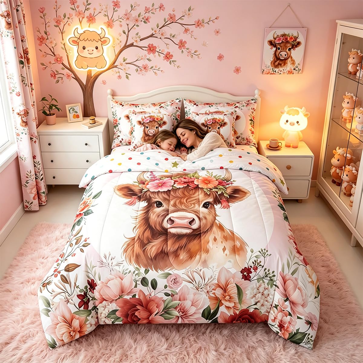 Feelyou Cute Highland Cow Bedding Set Twin Size 7 Pieces Cartoon Animal Comforter Set Flower Floral Print Farm Zoo Garden Theme Bed in a Bag with Comforter, Sheets, Pillowcases & Cushion Cover
