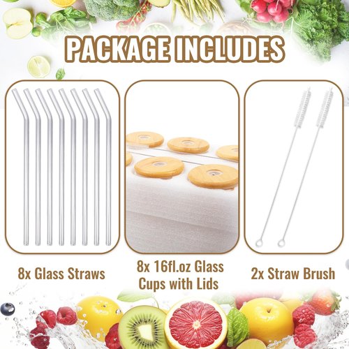 Alotpower Borosilicate Glass Cups with Lids and Straws, 16 oz Reusable Tumbler Set (8-Pack) Includes Bamboo Lids, Glass Straws & Brush for Iced Coffee, Bubble Tea, Cold Beer, Juice