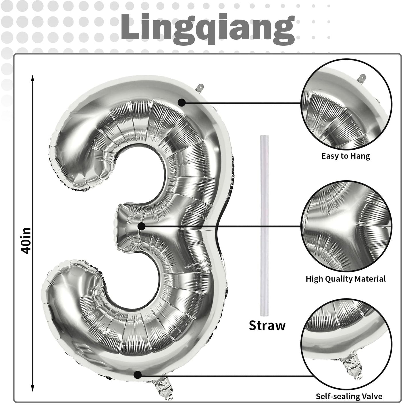 Silver 3 Balloons, 40 Inch Giant Helium Foil Number 0-9 Silver 3rd Birthday Balloon for Boys Girls, Self Inflating Digit 3 Balloons for Women Men Anniversary New Year Party Decorations Supplies