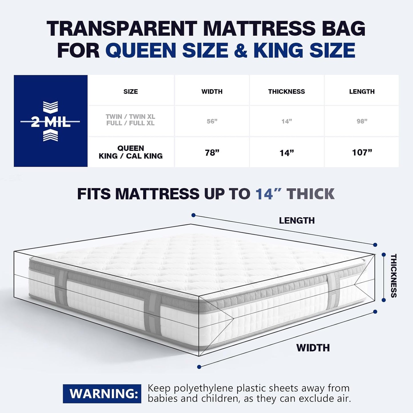 Mattress Bags - 2 Pack Heavy Duty Waterproof & Tear-Resistant Covers for King/Queen Size - 107” x 78” x 14”