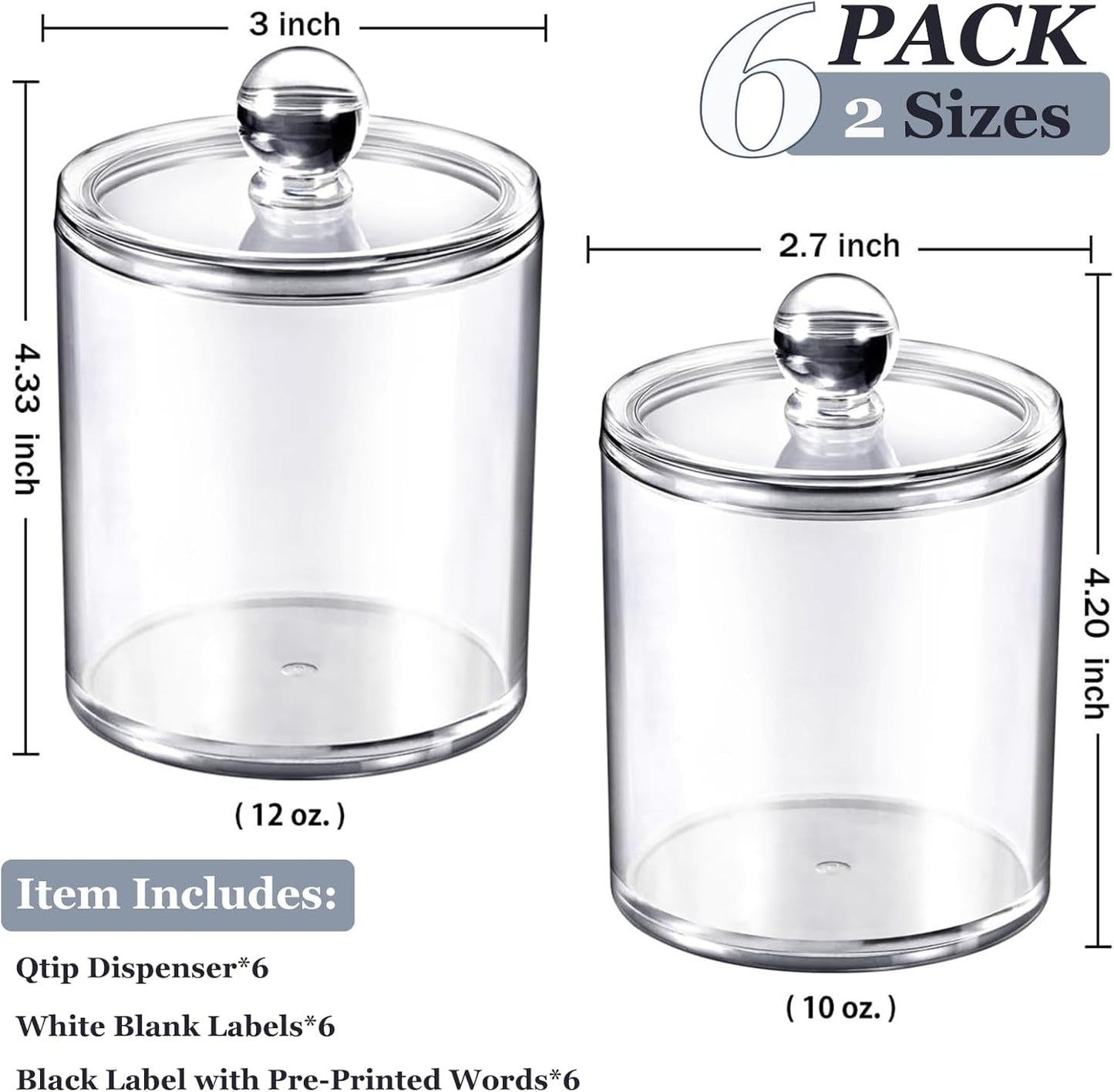 SheeChung Clear Acrylic Apothecary Jars - 6-Pack (3) 10oz & (3) 12oz Qtip Holder Set | Shatterproof Bathroom Organizer