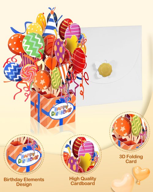 JMHACHY Pop Up Birthday Card with Envelope - 3D Coloful Balloons Pop Up Cute Birthday Card, Surprise Gifts for Girls Boys Kids Women Daughters Grandson Granddaughter Sisters Friends