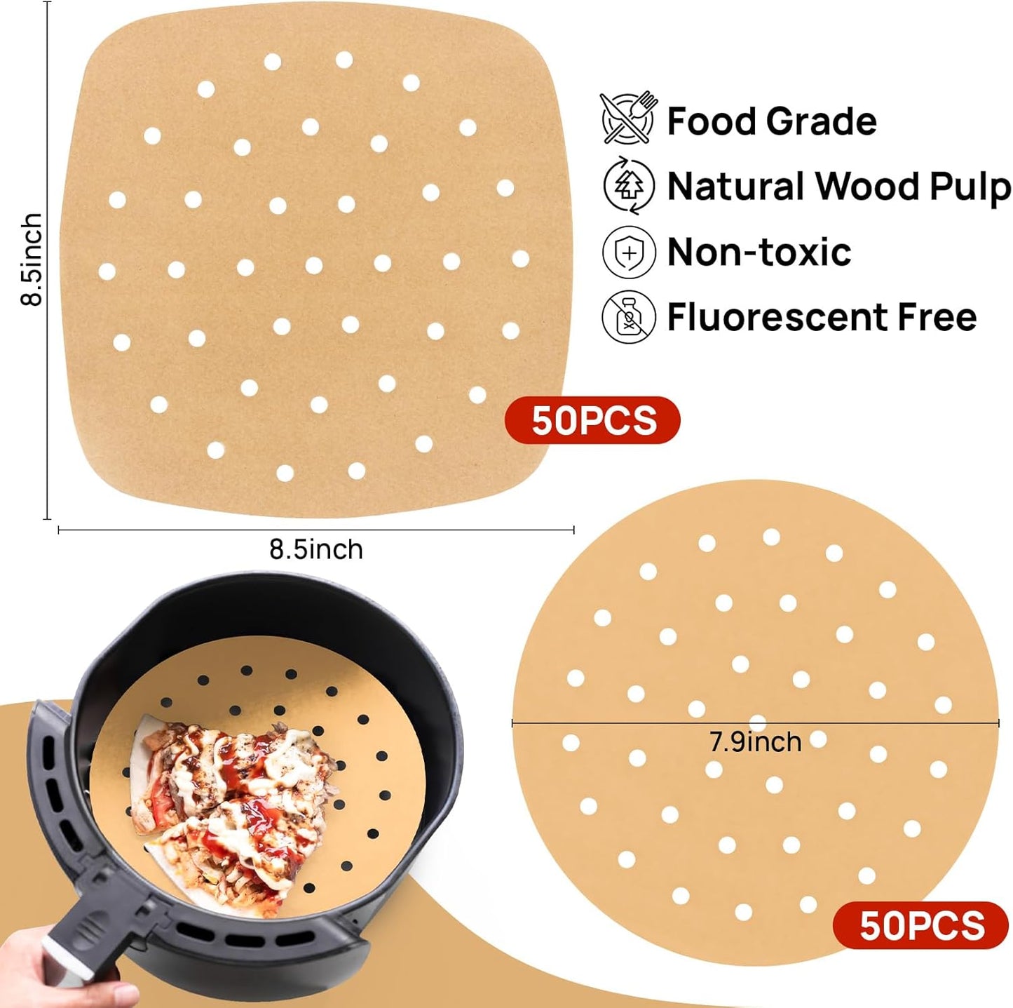 Skiennix Air Fryer Parchment Paper Liners - 100 PCS Perforated Sheets for 8.5" & 7" Baskets | Ideal for Baking & Cooking