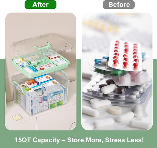 ANYPROLUS 15QT Clear Medicine Organizer Box - Durable Plastic First Aid Storage with Handle & Tray