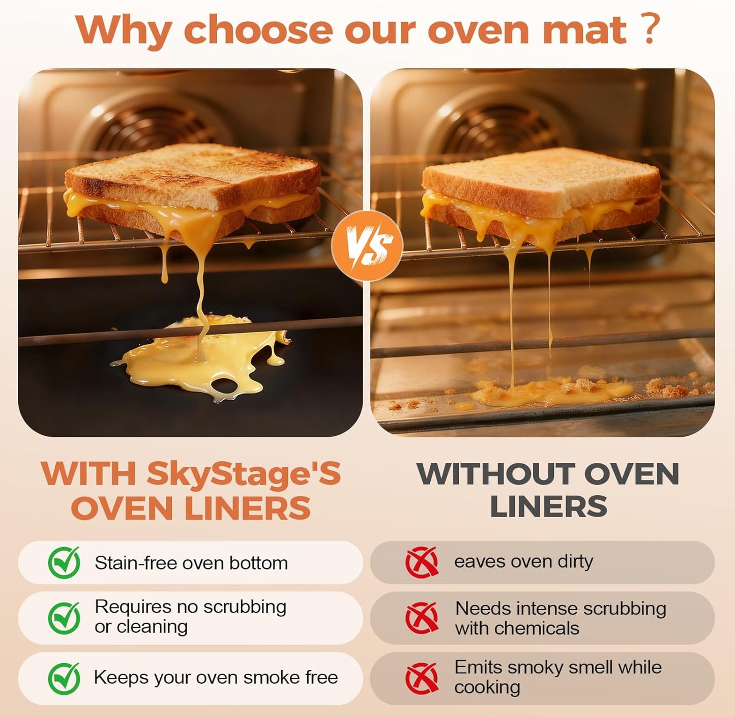 Skiennix Oven Liners - Heavy Duty Non-Stick Mats | 3 Pack, 17"x25", BPA & PFOA Free, 500°F Resistant