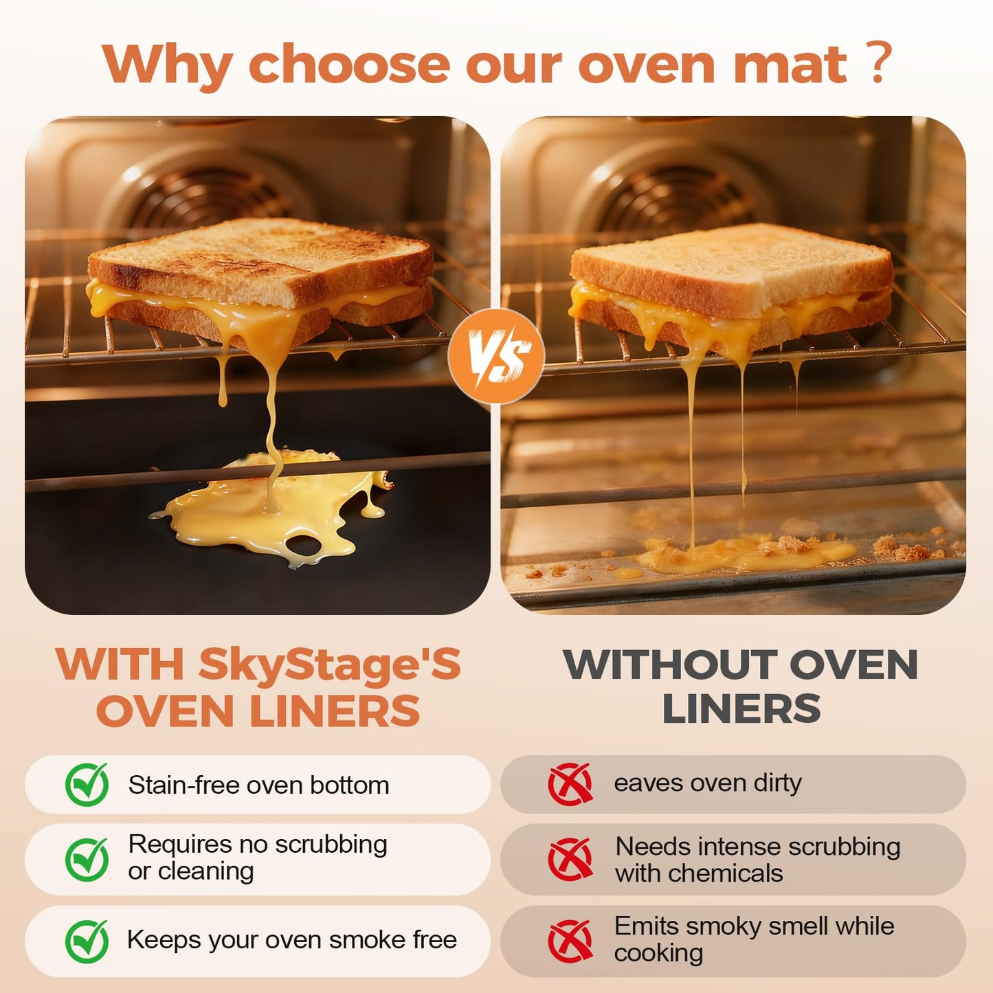 SkyStage 3 Pack Oven Liners for Bottom of Oven, 17"x 25" Large Heavy Duty Non-Stick Reusable Oven Mat, Resistant 500°F, BPA & PFOA Free, for Electric, Gas, Toaster Ovens, Grills, Keep Oven Clean
