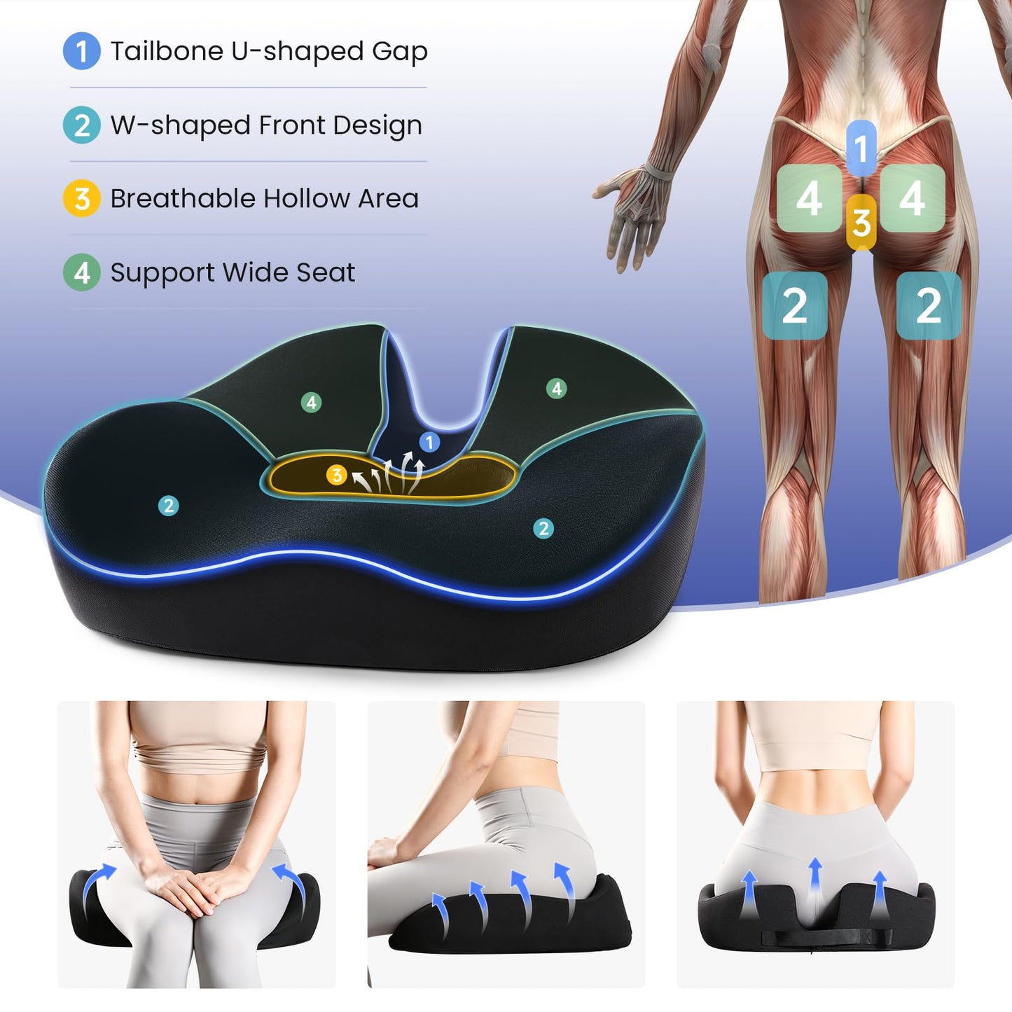 Juuwan Donut Pillow Seat Cushion for Tailbone Pain Relief and Hemorrhoid – Memory Foam Ergonomic Office Chair Cushion for Home, Office, Car, Gaming, Pregnancy,– Comfortable, Breathable, and Washable