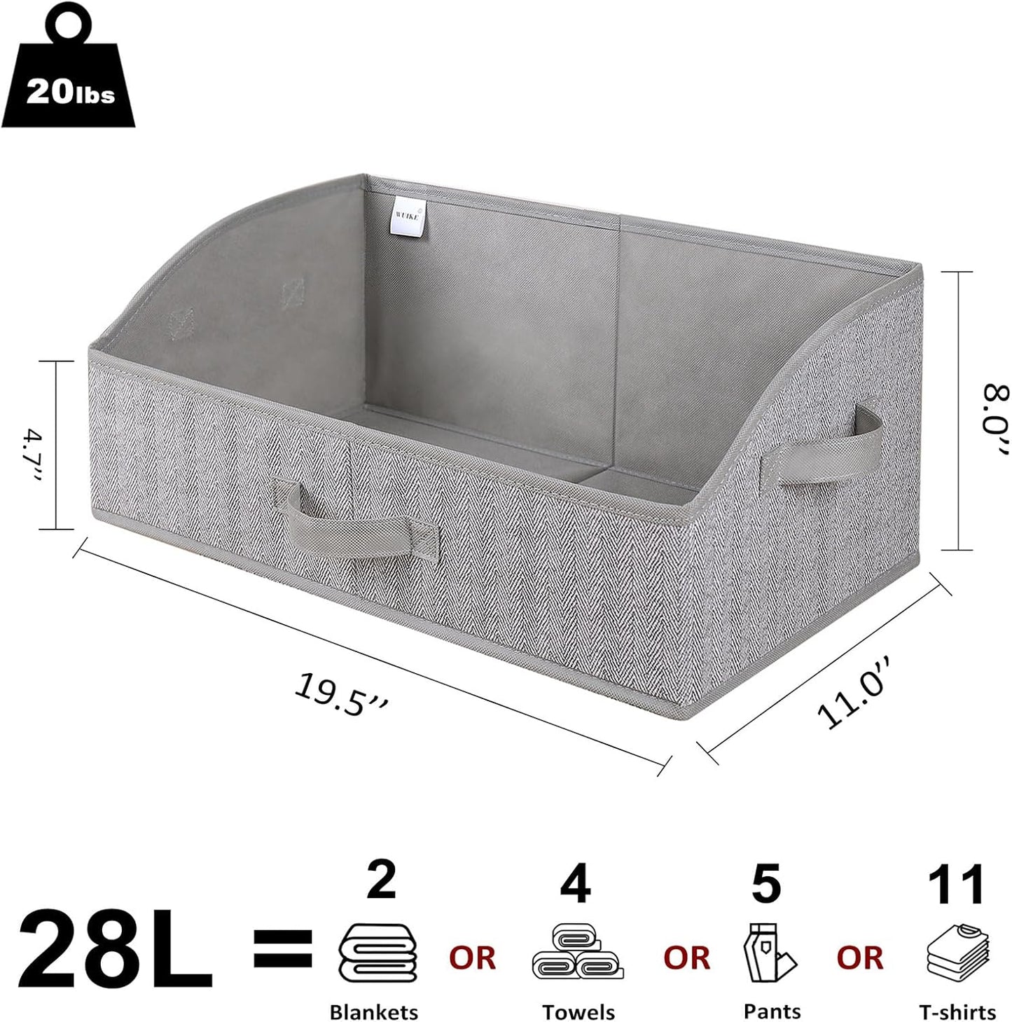 WUIKE Closet Organizers - Extra Large Fabric Storage Bins with Handles | Herringbone Gray, 3-Pack
