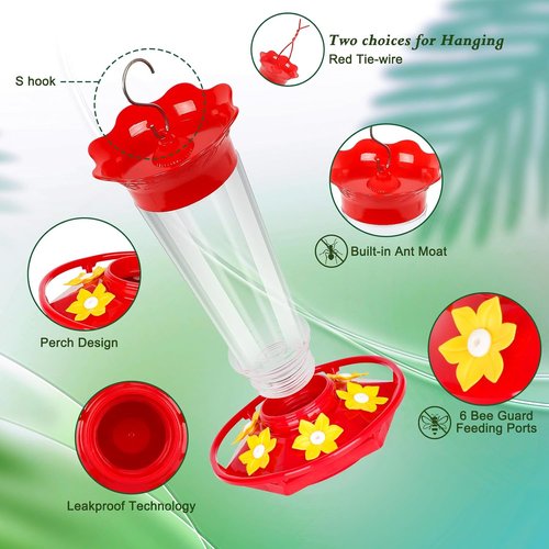 Feed Garden Hummingbird Feeders - 10oz Ant & Bee Proof, 6 Feeding Ports, Easy Clean Red Nectar | 2 Pack for Outdoor Use