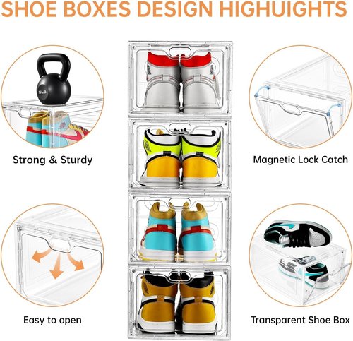INSTY Large Shoe Storage Box - 12 Pack Clear Organizer with Magnetic Door | Stackable Design for Sneakers, Fits US Size 12
