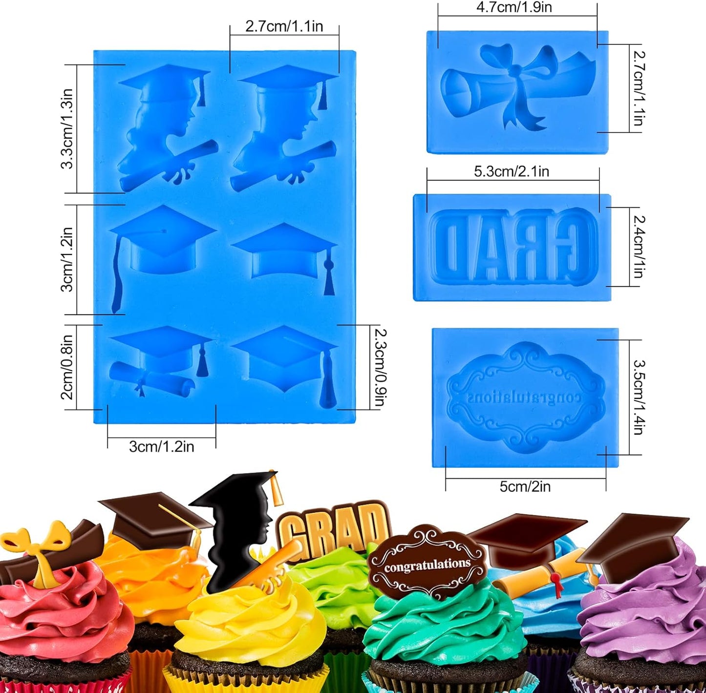 Whaline Graduation Mini Fondant Molds - 4 Pack Silicone Caps & Diplomas for Cake Decorations | Blue