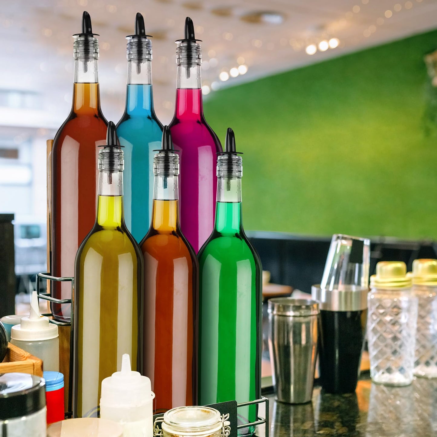 Maxdot 4 Pcs Long Neck Bottle with Pourer 750ml Glass Liquor Bottle juice Pour Bottles Syrup Bottles Glass for Home Wine Liquor Juice Making Wedding Anniversary Party(Plastic)
