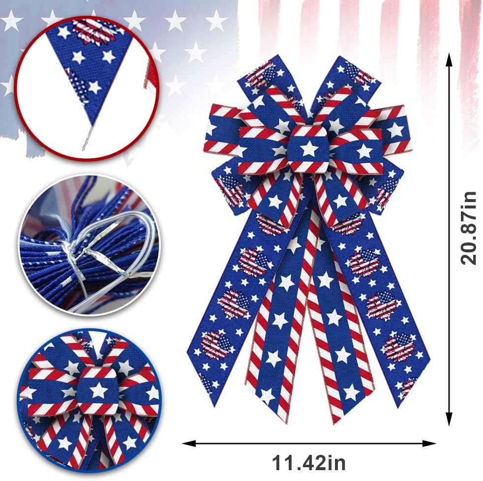Threetols Patriotic Wreath Bows - Large Burlap Sunflower Design for Memorial Day | Red, Blue & White Decor