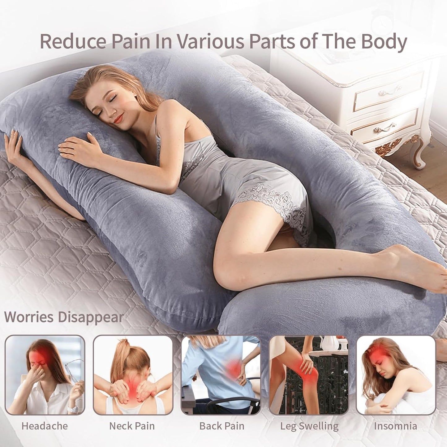 Skiennix 60 Inch U-Shaped Pregnancy Pillow - Cooling Full Body Maternity Support with Washable Velvet Cover | Grey