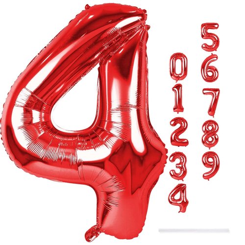 40 Inch Red Foil Balloon Number 4, Giant Self Inflating Number Balloons 0-9 for Men Women, Digital 4 Helium Balloons Set for Girls Boys 4th Birthday Anniversary Party Decorations Supplies