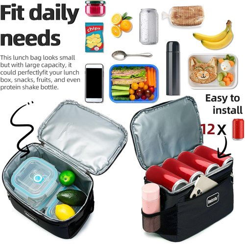 BEIMILY Insulated Lunch Box - Leak-Proof Soft Cooler Tote Bag for Work & Travel | Adjustable Shoulder Strap (Black)