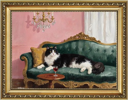AIKETUO Vintage Black Cat Wall Art - Gold Framed Artwork for Bedroom & Living Room | 10" L x 8" W