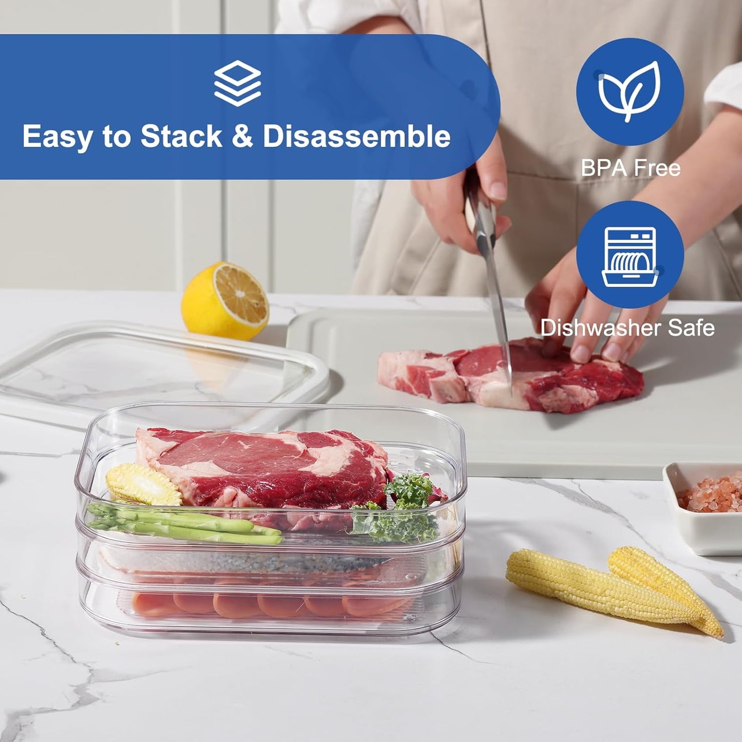 Stackable Deli Meat Storage | 3-Tier Lunch Meat Container - Dishwasher Safe, Clear Organizer with Lid