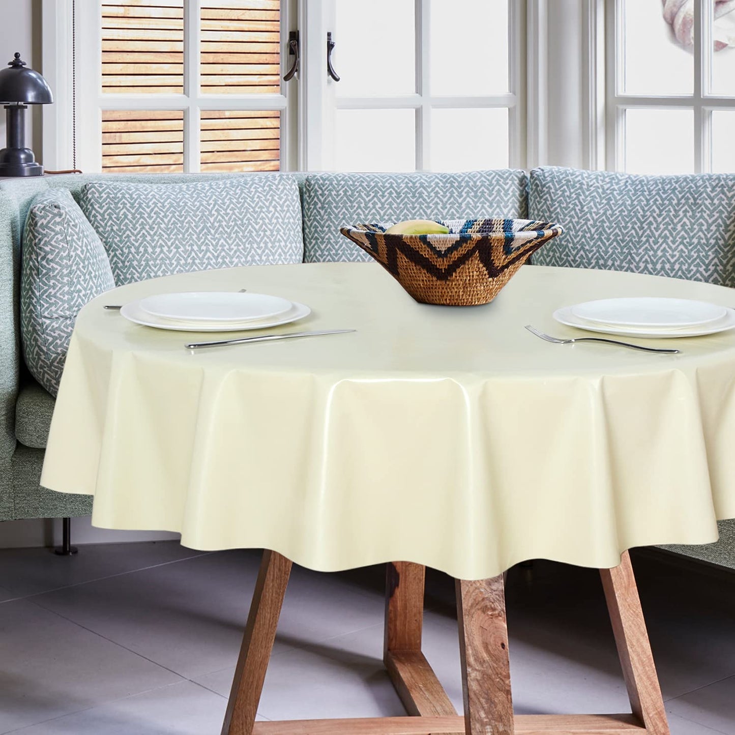 sancua 100% Waterproof Round PVC Tablecloth - 60 Inch - Oil Proof Spill Proof Vinyl Table Cloth, Wipe Clean Table Cover for Dining Tables, Buffet Parties and Camping, Beige